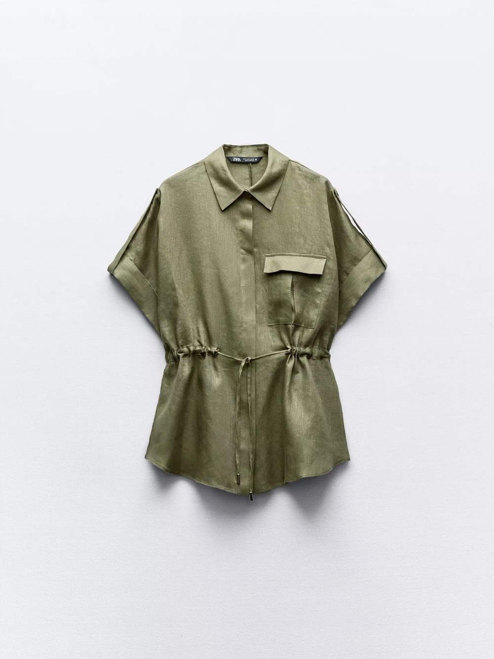 Zara Olive Drawstring Waist Short Sleeve Blouse